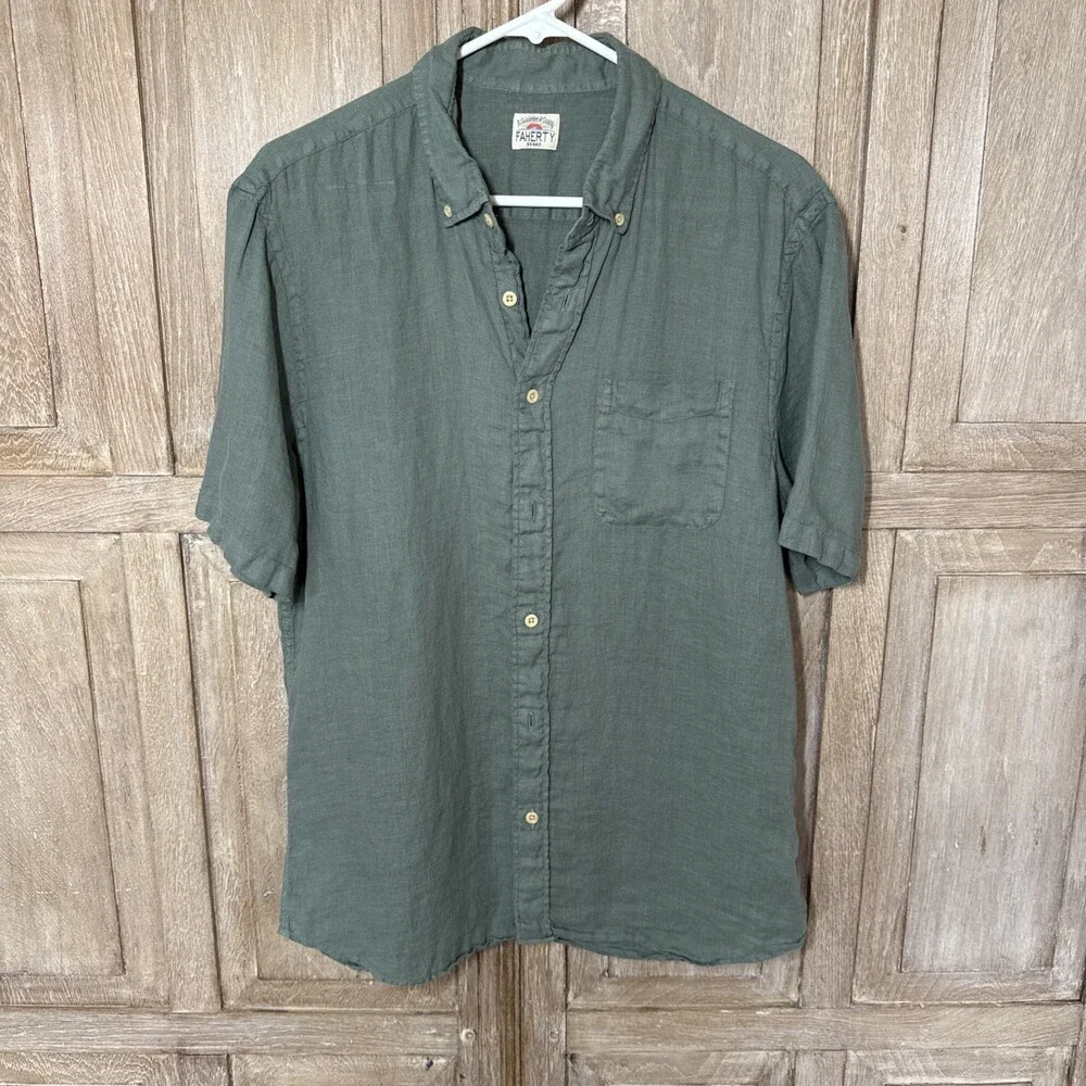 Faherty Laguna Linen Shirt Men’s Medium Spruce Green 100% Linen Short Sleeve